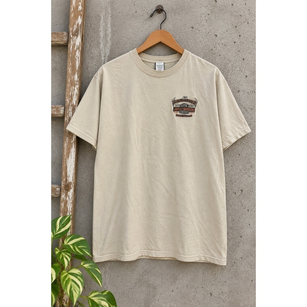 Harley-Davidson J&L Sioux Falls SD Graphic T-Shirt Mens L Tan Bikercore Logo